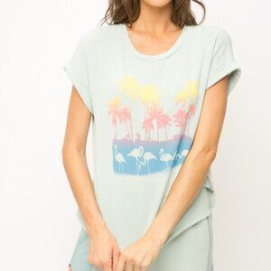 MYSTREE Mint Green Flamingo Graphic Tee, Tropical Palm Tree T-Shirt